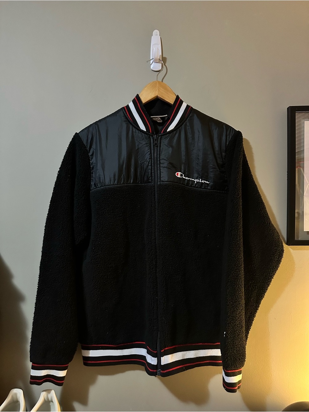 Champion Black Sherpa Bomber Jacket with Stripe Trim